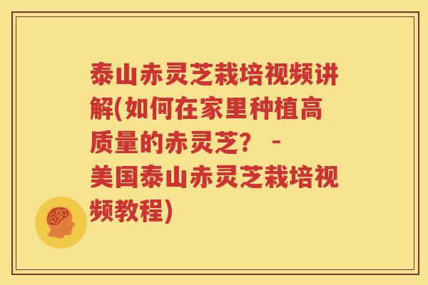 泰山赤灵芝栽培视频讲解(如何在家里种植高质量的赤灵芝？ - 美国泰山赤灵芝栽培视频教程)
